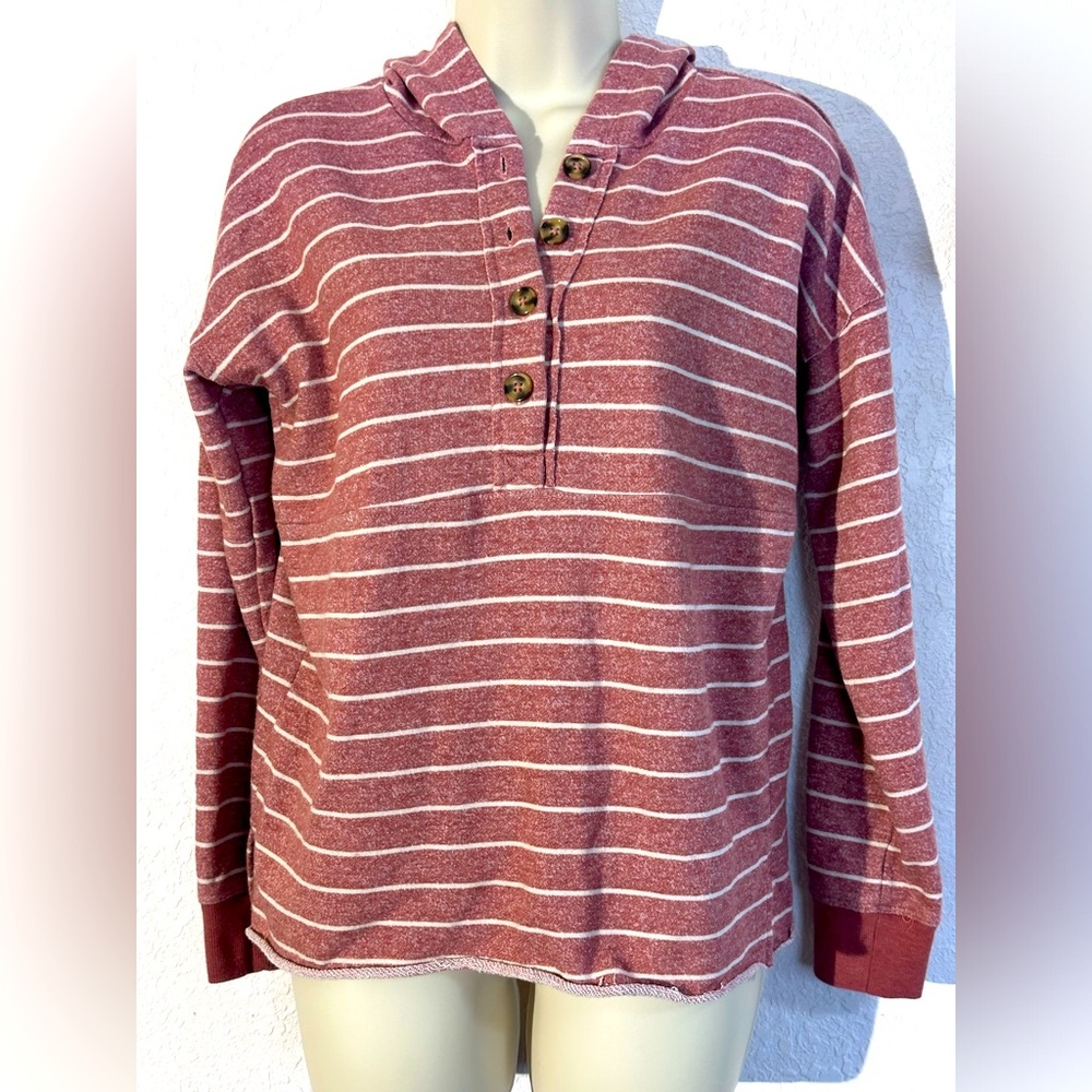Heathered burgundy and cream striped hoodie/sweatshirt